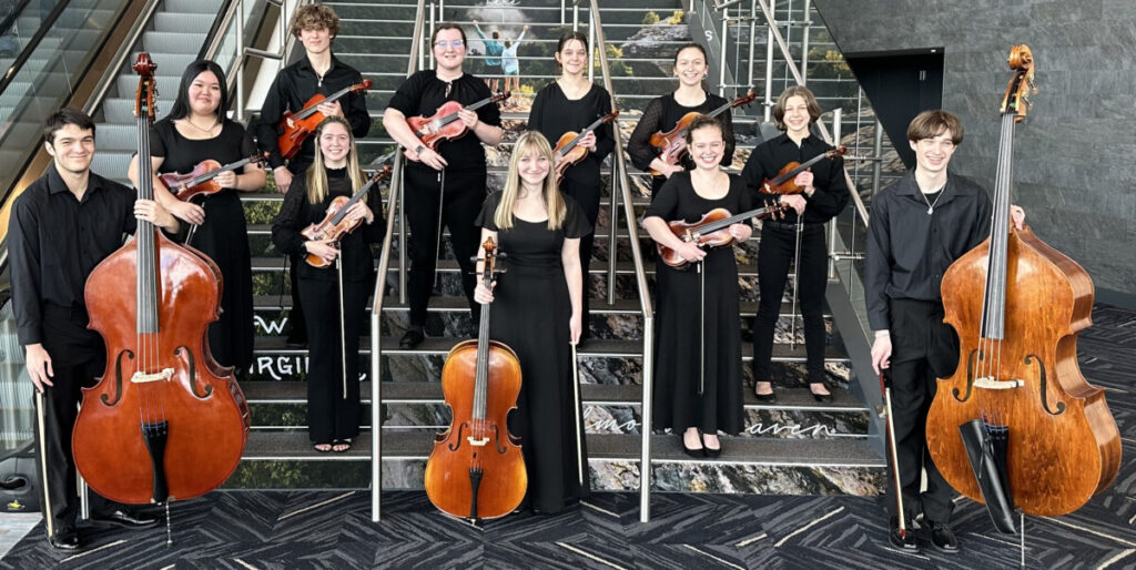 The high school strings students from JM are pictured from left row 1: Clay Howard, Sophie Cunningham and AJ Pintus. Row 2: Fiona Ren, Layla Rodgers, Cheyenne Harvey and Zoe Zervos. Row 3: Tripp Bonds, Lila Roman, Alina Holliday and Sarah McBee.